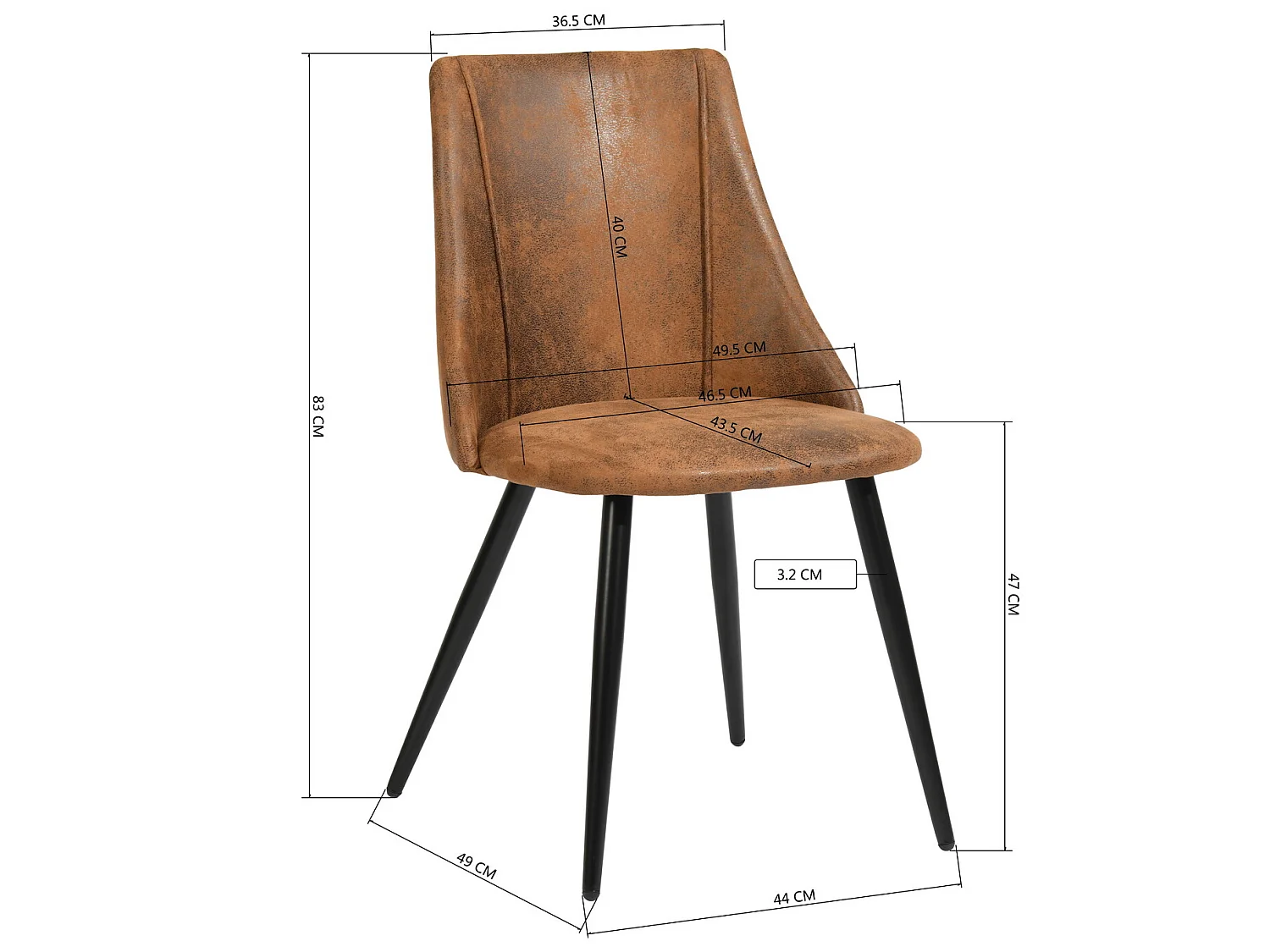 Lot de 2 chaises de salle à manger en velours scandinave avec pieds en métal marron foncé pour salle à manger 52.5*49.5*83cm