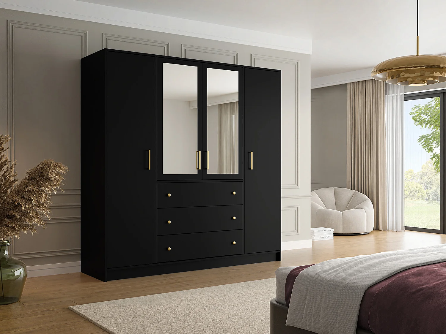 Armoire 4 portes et 3 tiroirs - Avec miroirs - L196 cm - Noir - LIZANDRO
