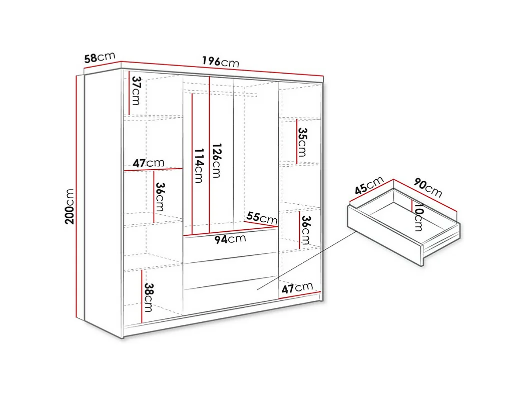 Kleiderschrank mit 4 Türen & 3 Schubladen - Mit Spiegeln - 196 cm - Schwarz - LIZANDRO