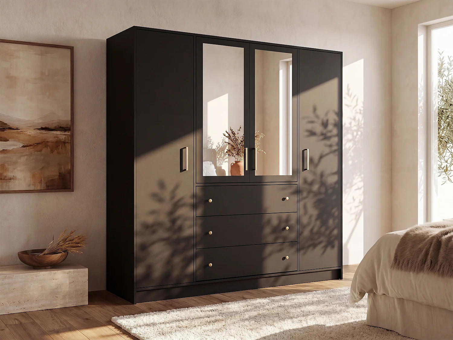 Kleiderschrank mit 4 Türen & 3 Schubladen - Mit Spiegeln - 196 cm - Schwarz - LIZANDRO