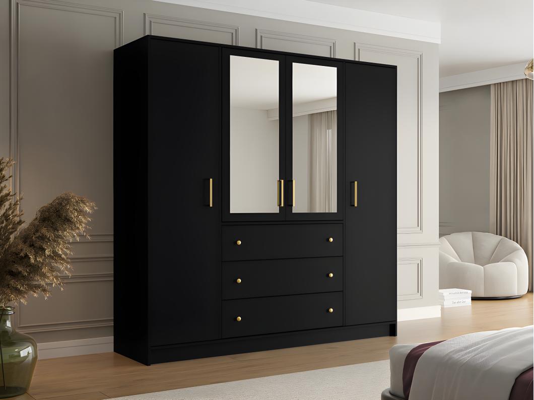 Armoire 4 portes et 3 tiroirs - Avec miroirs - L196 cm - Noir - LIZANDRO