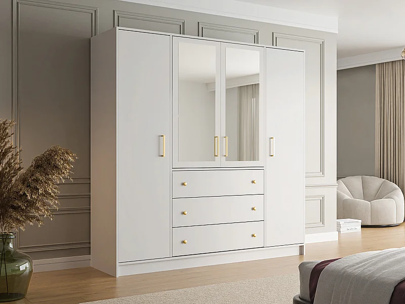 Kleiderschrank mit 4 Türen & 3 Schubladen - Mit Spiegeln - 196 cm - Weiß - LIZANDRO