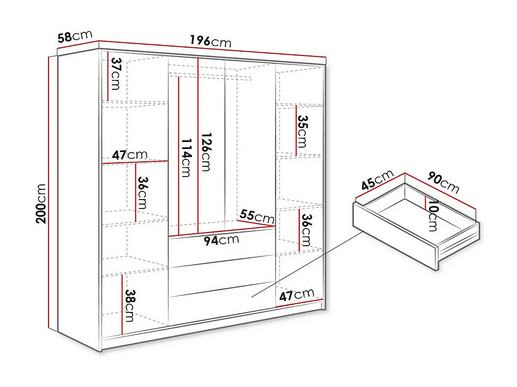 Armoire 4 portes et 3 tiroirs - Avec miroirs - L196 cm - Blanc - LIZANDRO