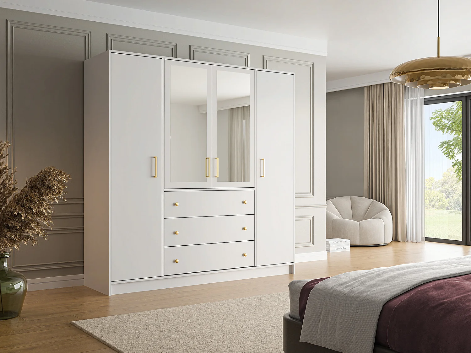 Armoire 4 portes et 3 tiroirs - Avec miroirs - L196 cm - Blanc - LIZANDRO