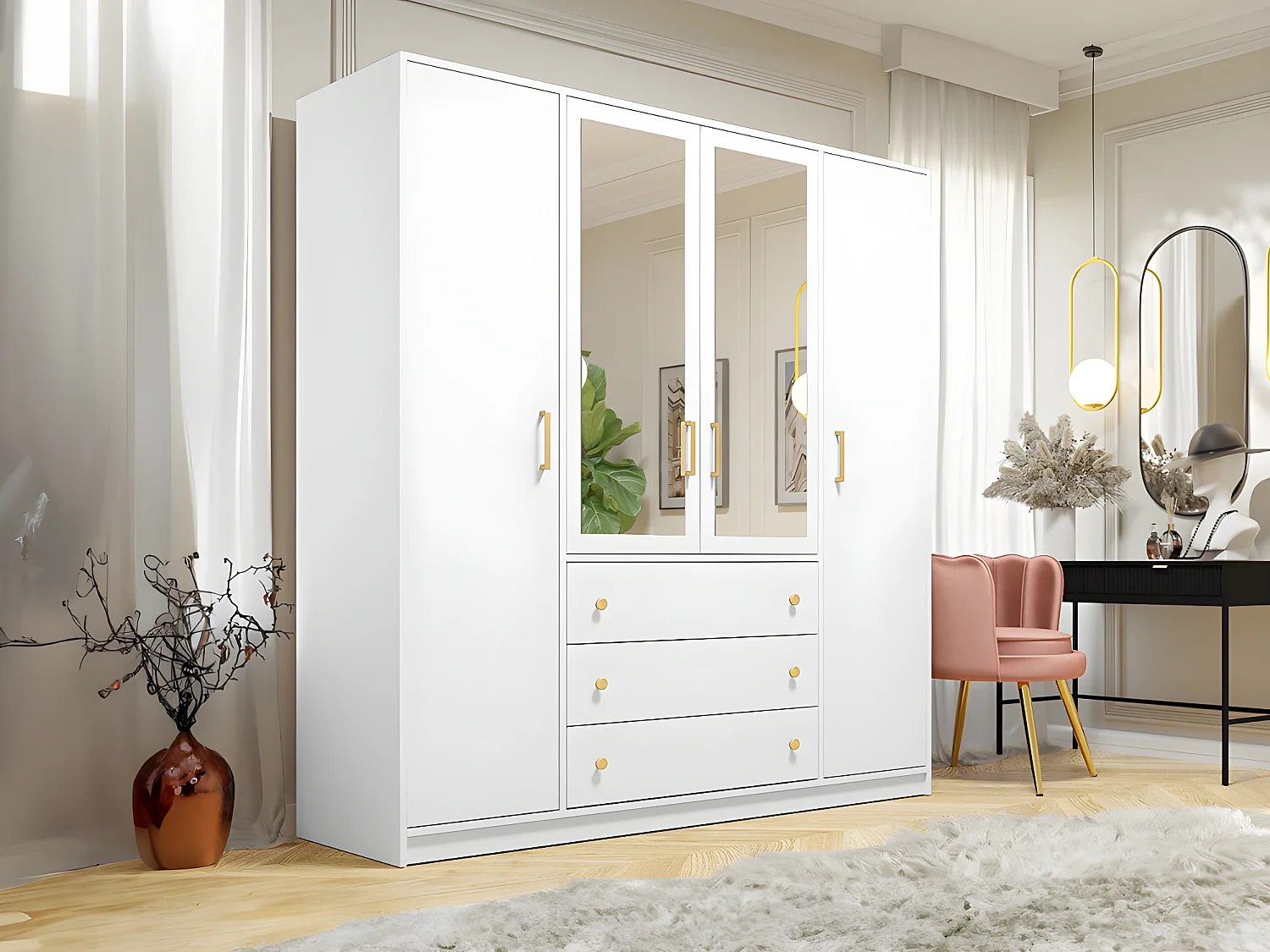 Armoire 4 portes et 3 tiroirs - Avec miroirs - L196 cm - Blanc - LIZANDRO