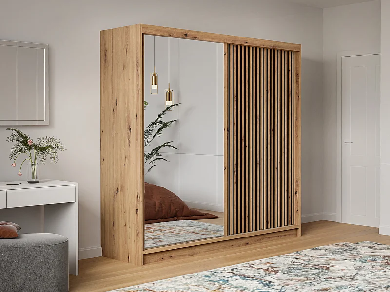 Kleiderschrank mit Spiegel - 2 Schiebetüren - 203 cm - Holzfarben & Schwarz - CALOWI