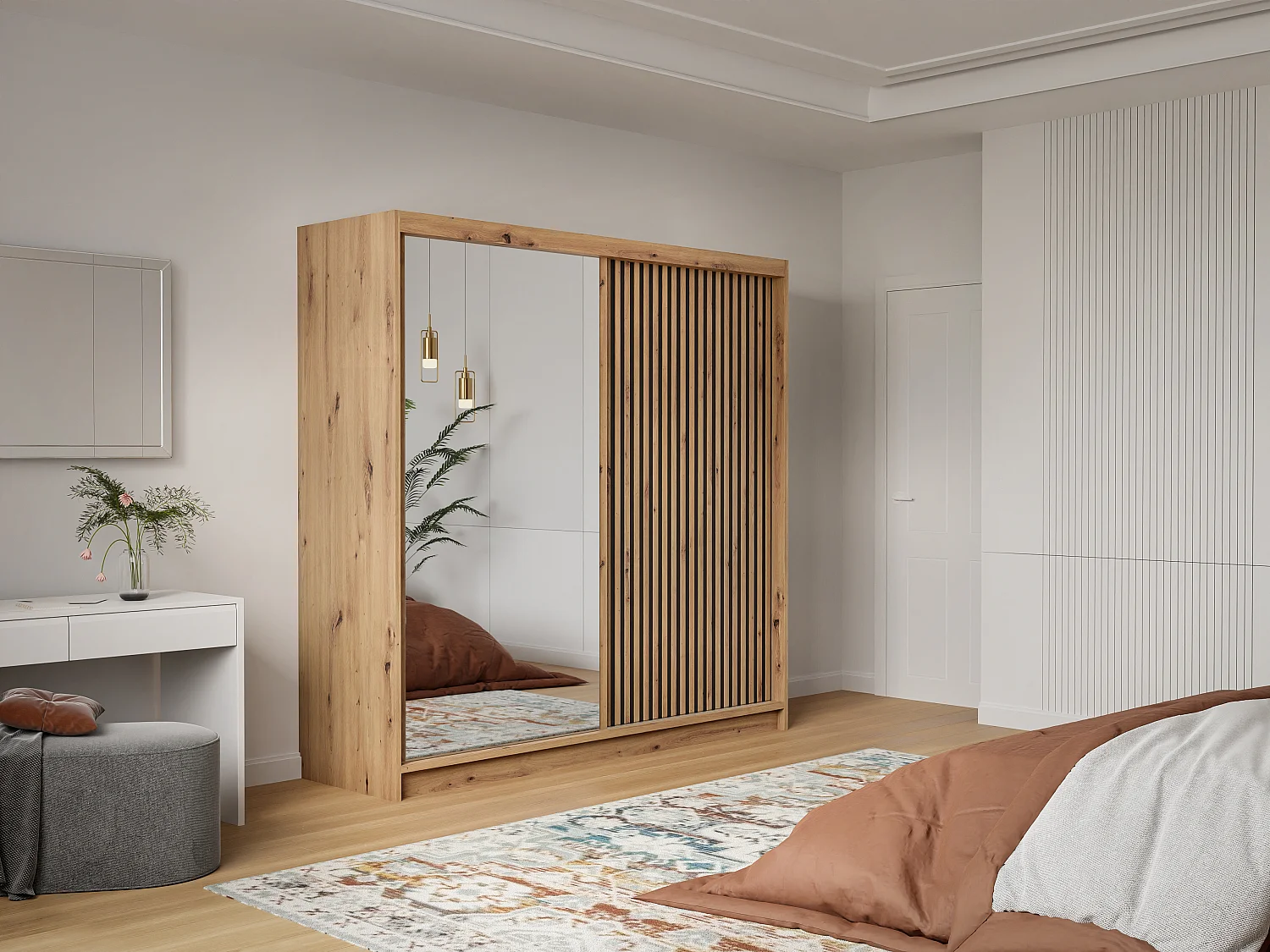 Kleiderschrank mit Spiegel - 2 Schiebetüren - 203 cm - Holzfarben & Schwarz - CALOWI