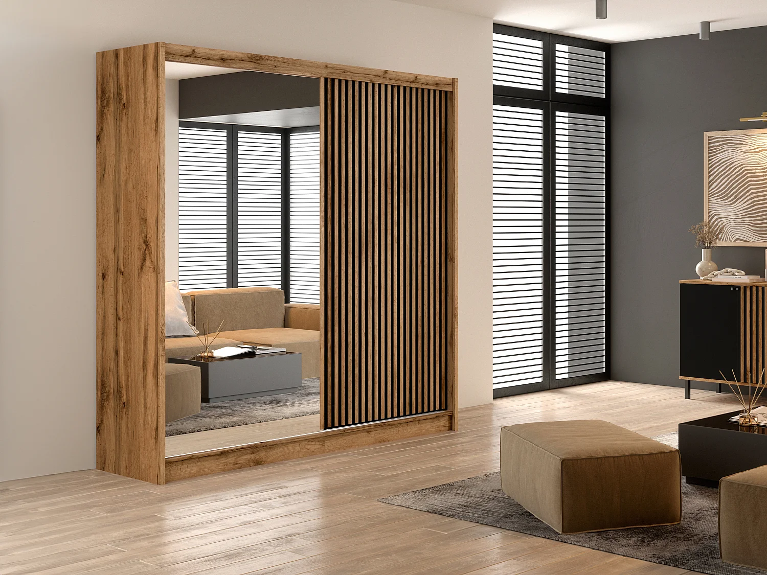 Kast met 2 schuifdeuren - Met spiegel - L203 cm - Kleur: houteffect en zwart - CALOWI