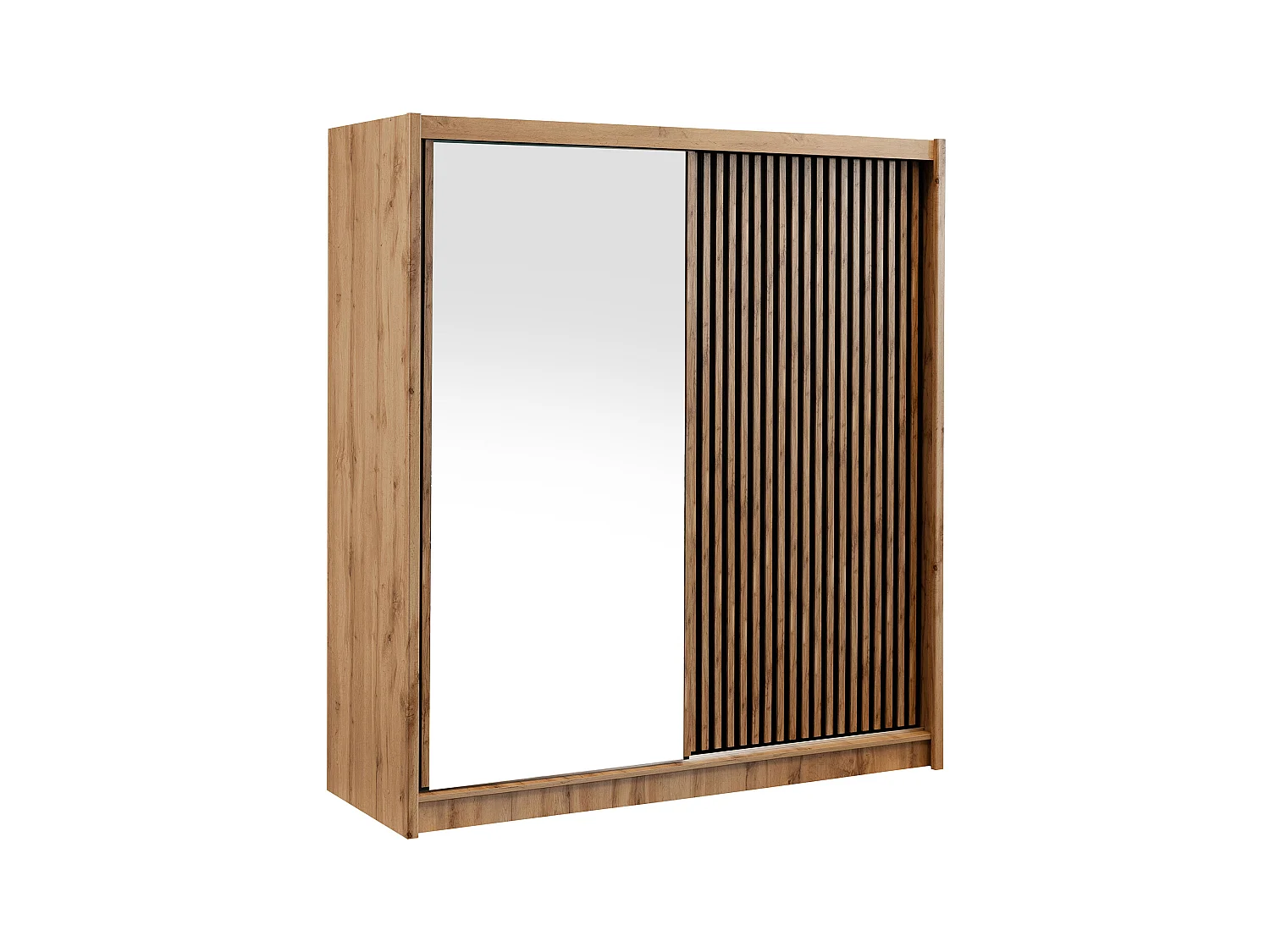 Kast met 2 schuifdeuren - Met spiegel - L203 cm - Kleur: houteffect en zwart - CALOWI