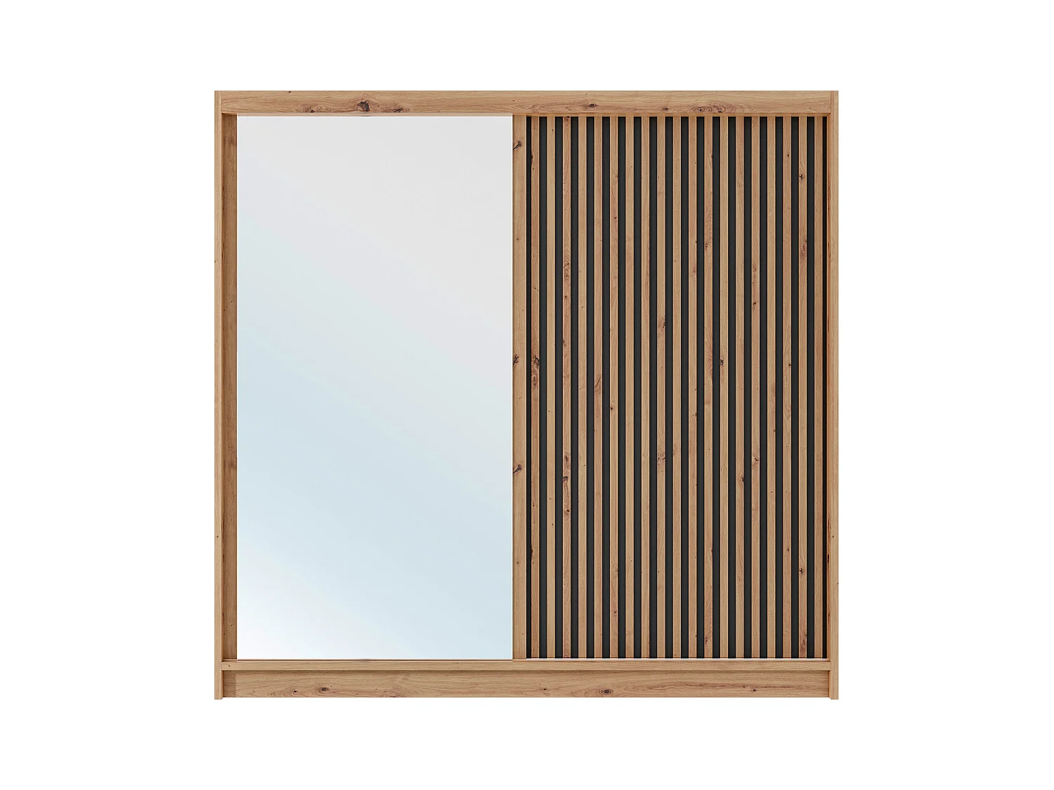 Kast met 2 schuifdeuren - Met spiegel - L203 cm - Kleur: houteffect en zwart - CALOWI