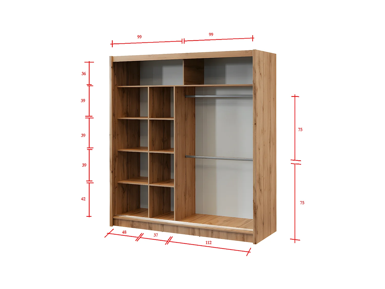 Kast met 2 schuifdeuren - Met spiegel - L203 cm - Kleur: houteffect en zwart - CALOWI