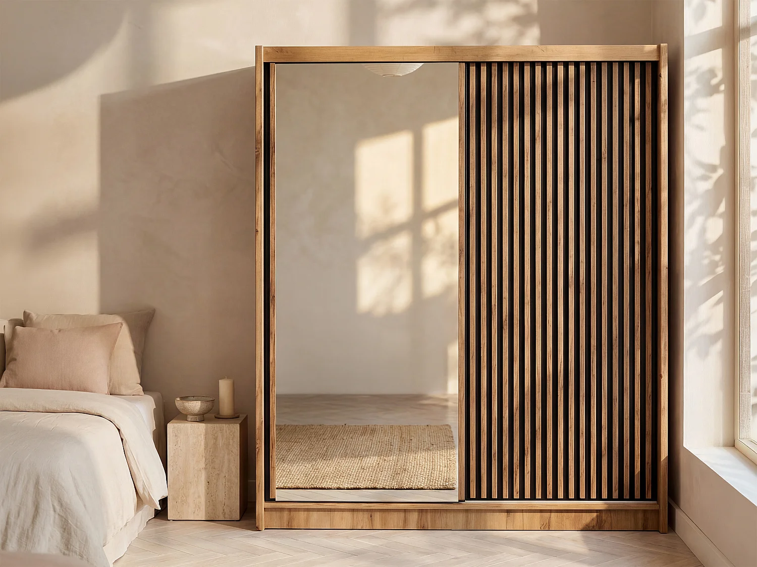 Armoire 2 portes coulissantes - Avec miroir - L203 cm - Coloris : Naturel et noir - CALOWI