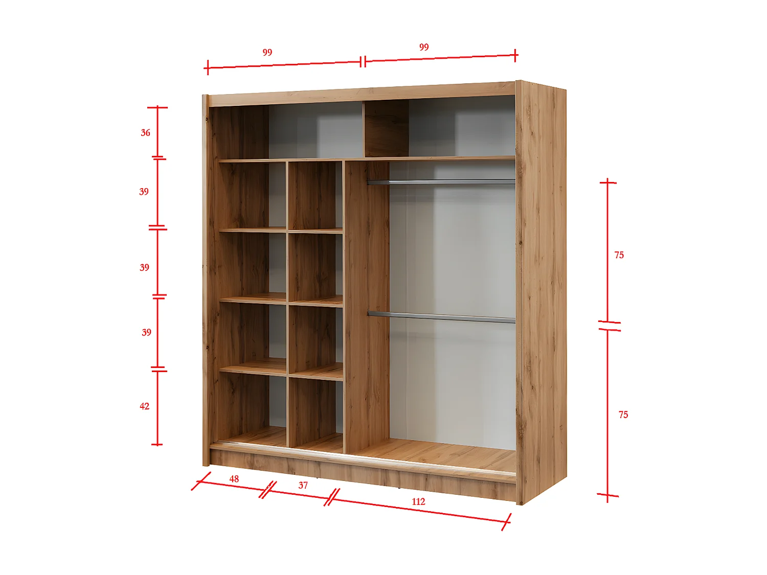 Guarda-roupa 2 portas de correr com espelho C203 cm cor natural e preto - CALOWI