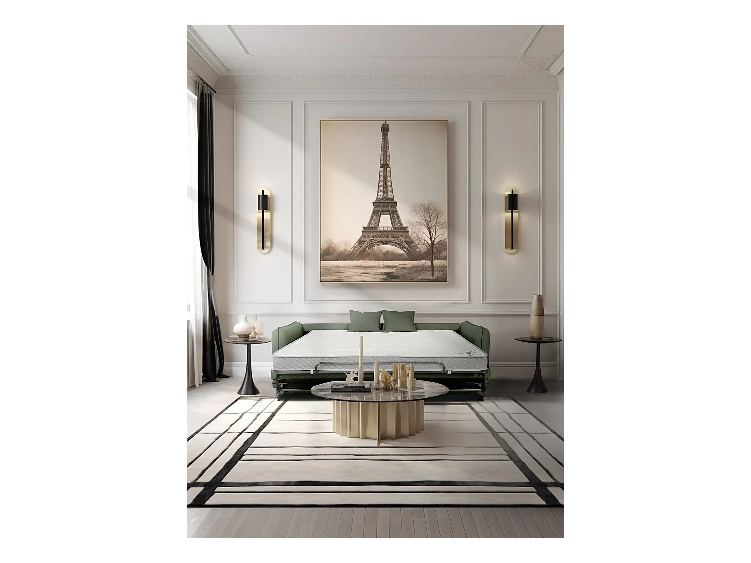 Canapé droit convertible Rapido® 3 places en tissu vert GRENACHE - MADE IN FRANCE