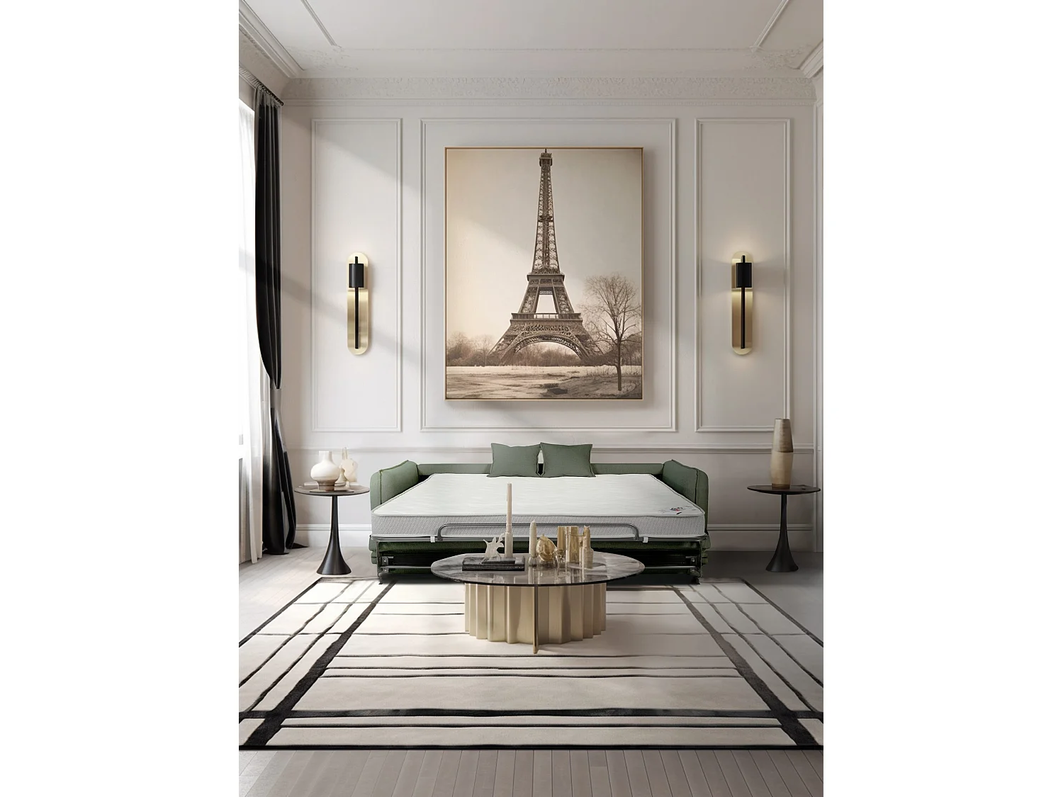 Canapé droit convertible Rapido® 3 places en tissu vert GRENACHE - MADE IN FRANCE