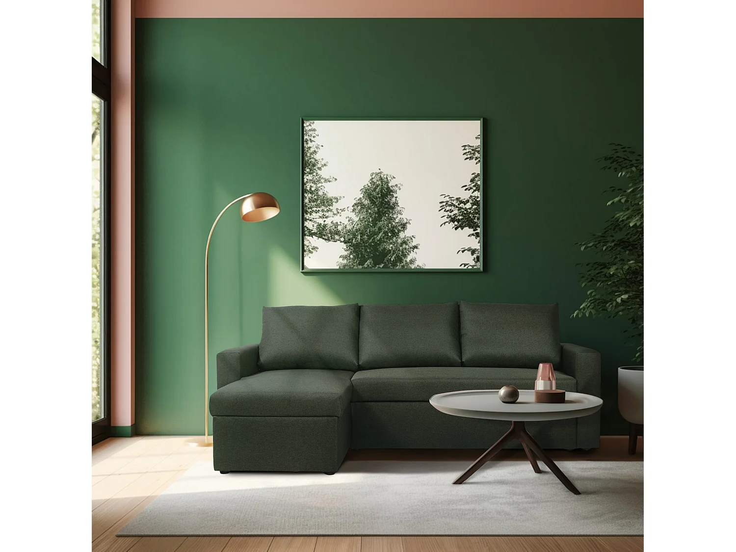 Canapé d'angle réversible convertible 4 places en tissu vert ALEDO - MADE IN FRANCE