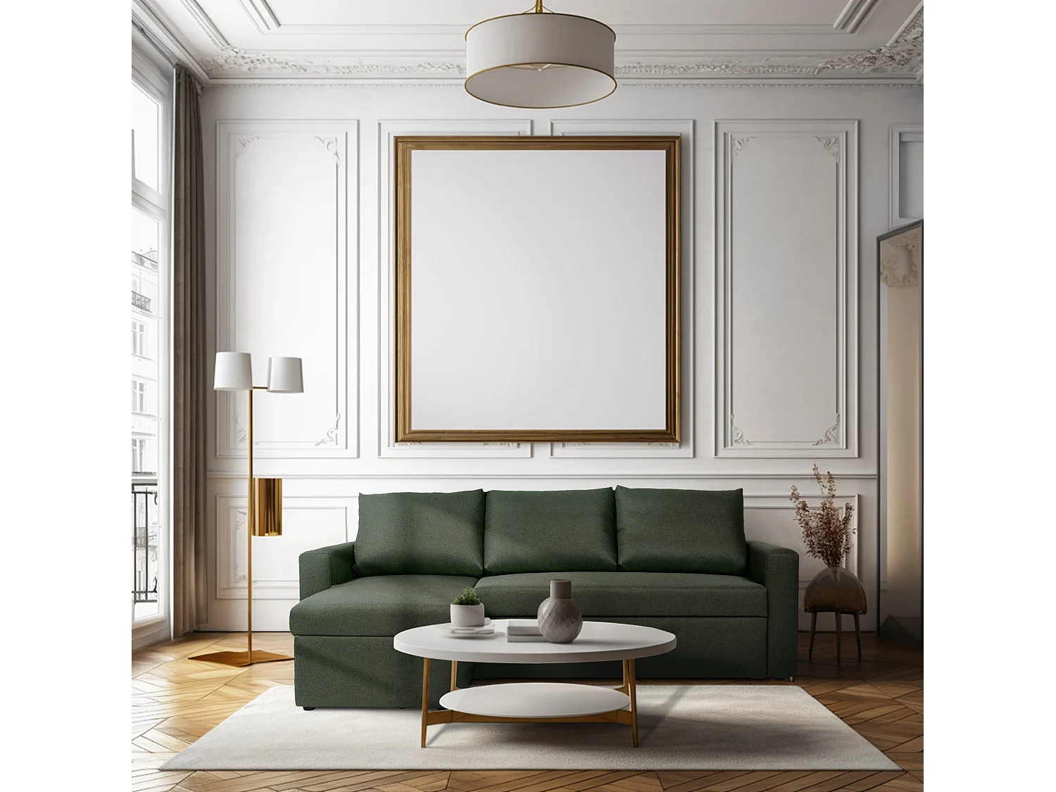 Canapé d'angle réversible convertible 4 places en tissu vert ALEDO - MADE IN FRANCE