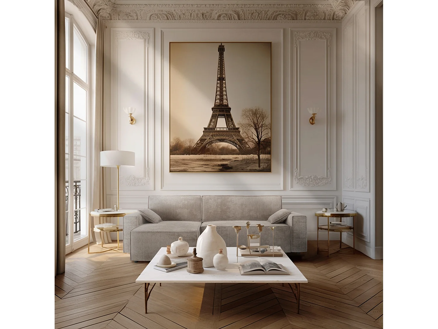 Canapé d'angle réversible convertible 4 places en velours côtelé grège DURIF