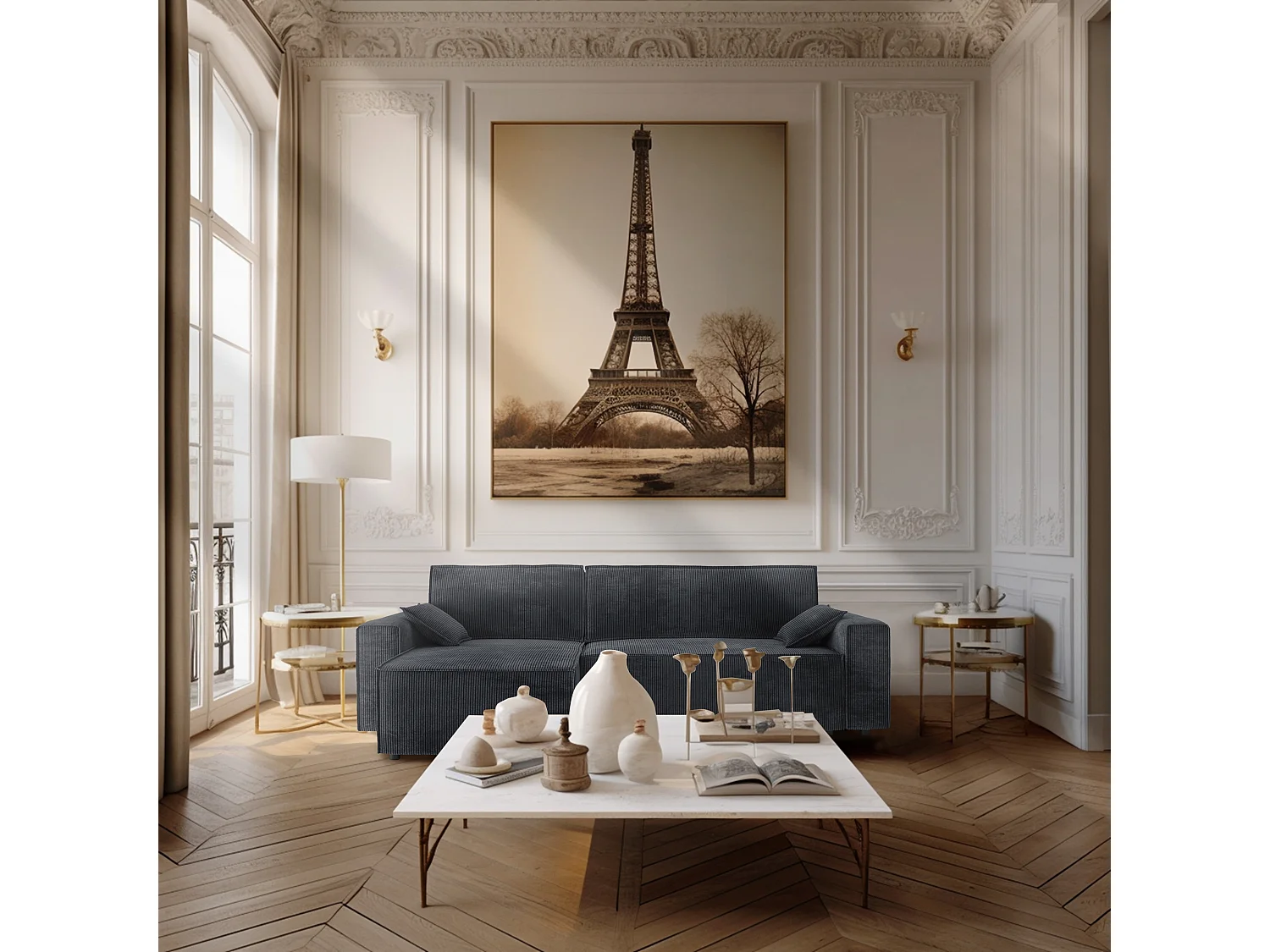 Canapé d'angle réversible convertible 4 places en velours côtelé gris anthracite DURIF - MADE IN FRANCE