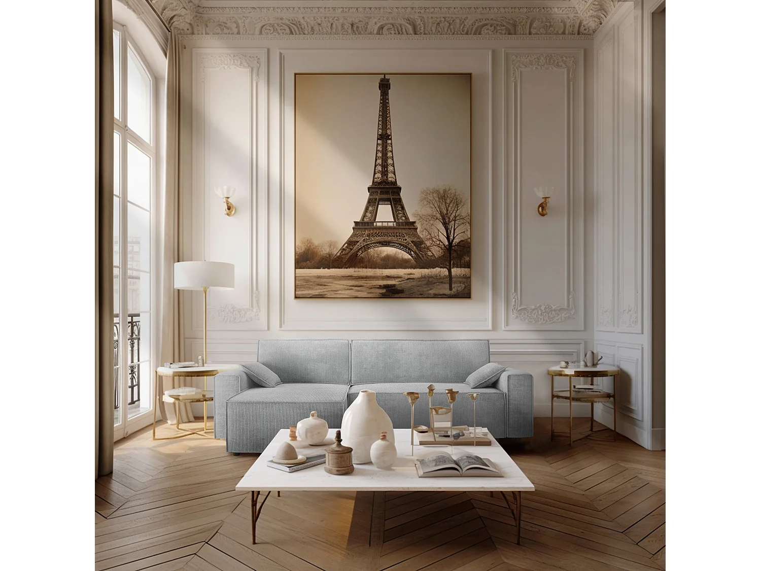 Canapé d'angle réversible convertible 4 places en velours côtelé gris clair DURIF - MADE IN FRANCE