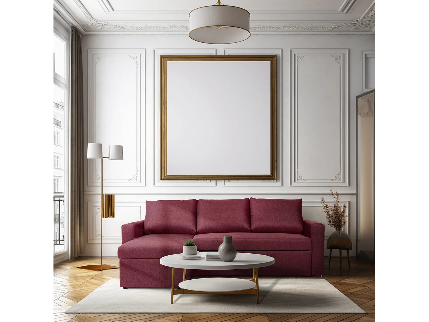 Canapé d'angle réversible convertible 4 places en tissu rouge bordeaux ALEDO - MADE IN FRANCE