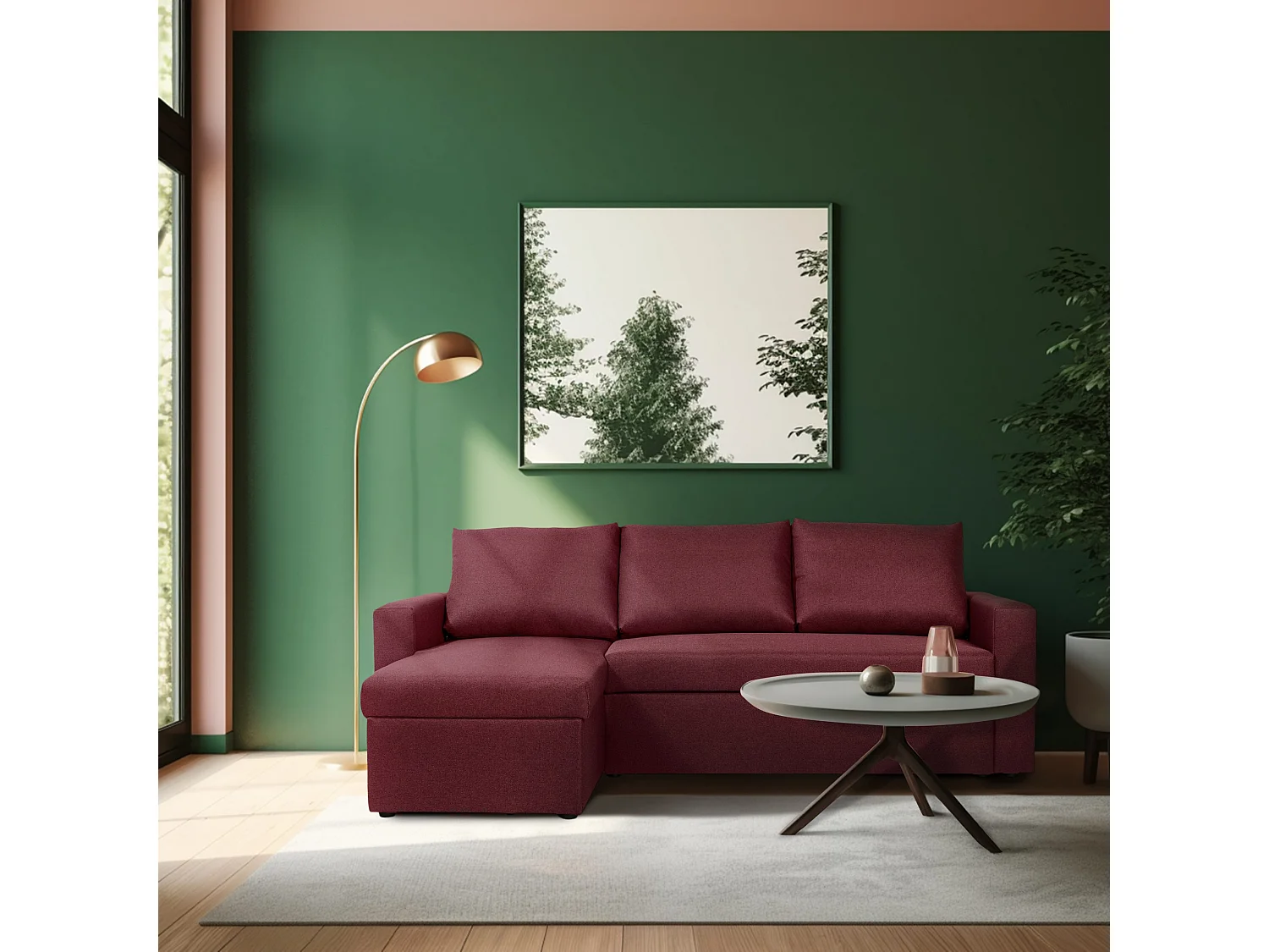 Canapé d'angle réversible convertible 4 places en tissu rouge bordeaux ALEDO - MADE IN FRANCE