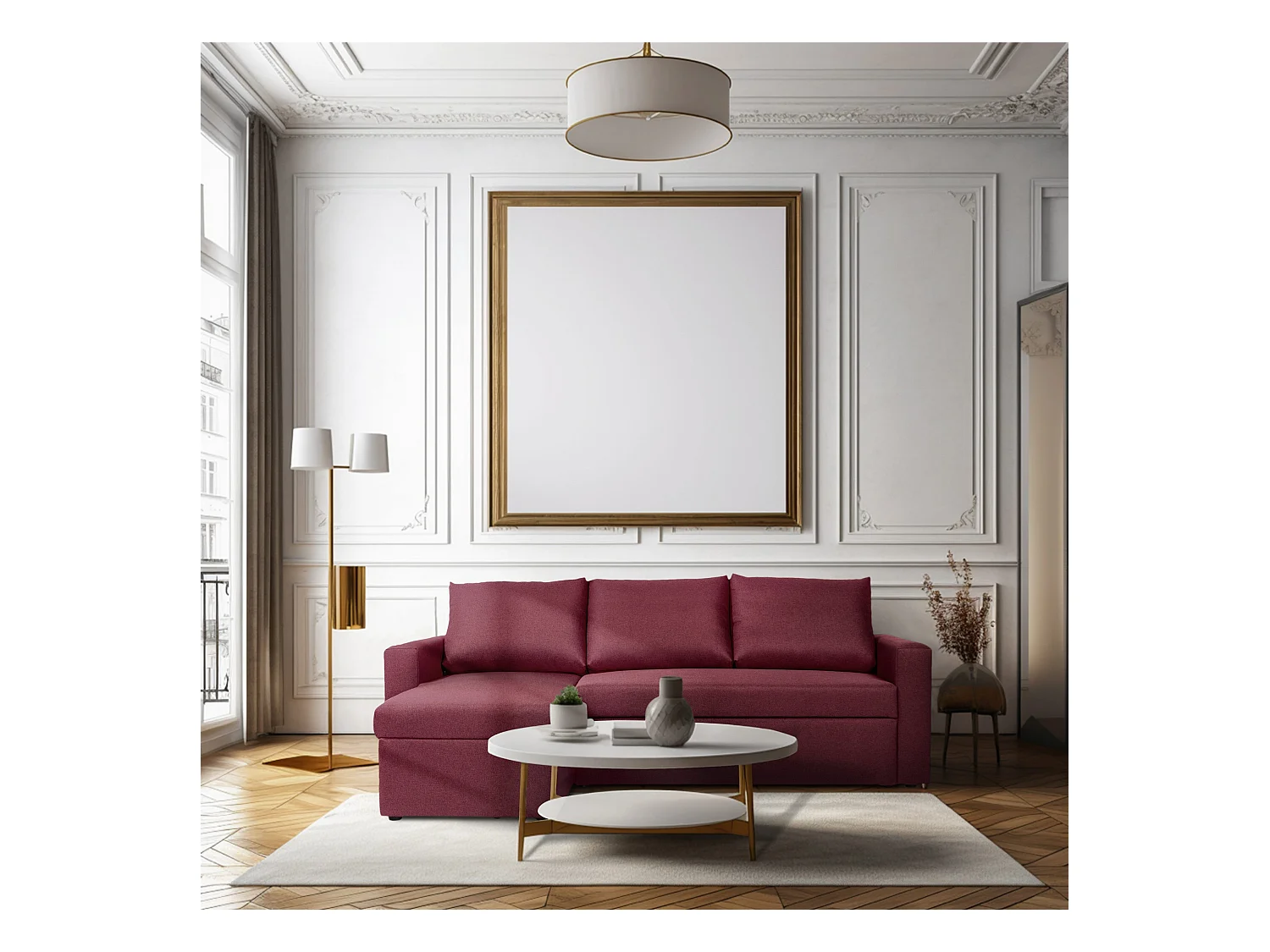 Canapé d'angle réversible convertible 4 places en tissu rouge bordeaux ALEDO - MADE IN FRANCE