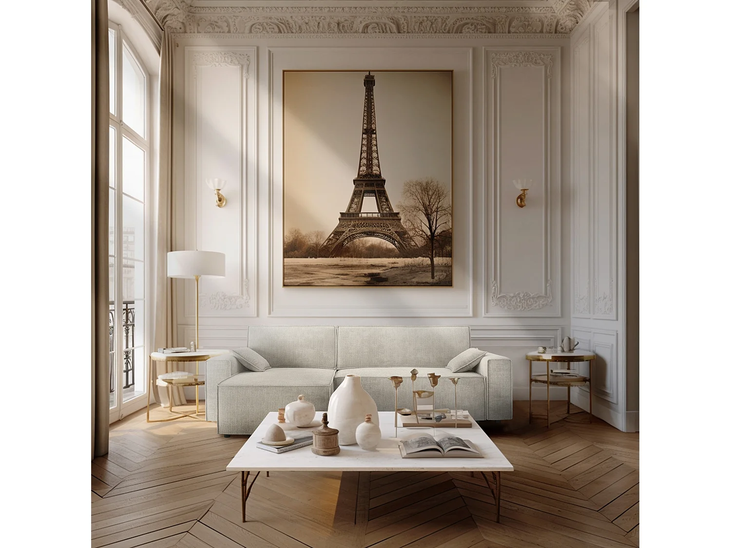 Canapé d'angle réversible convertible 4 places en velours côtelé beige DURIF