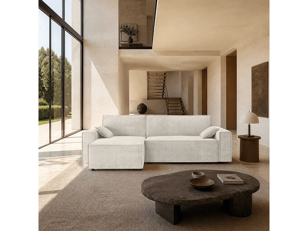 Canapé d'angle réversible convertible 4 places en velours côtelé beige