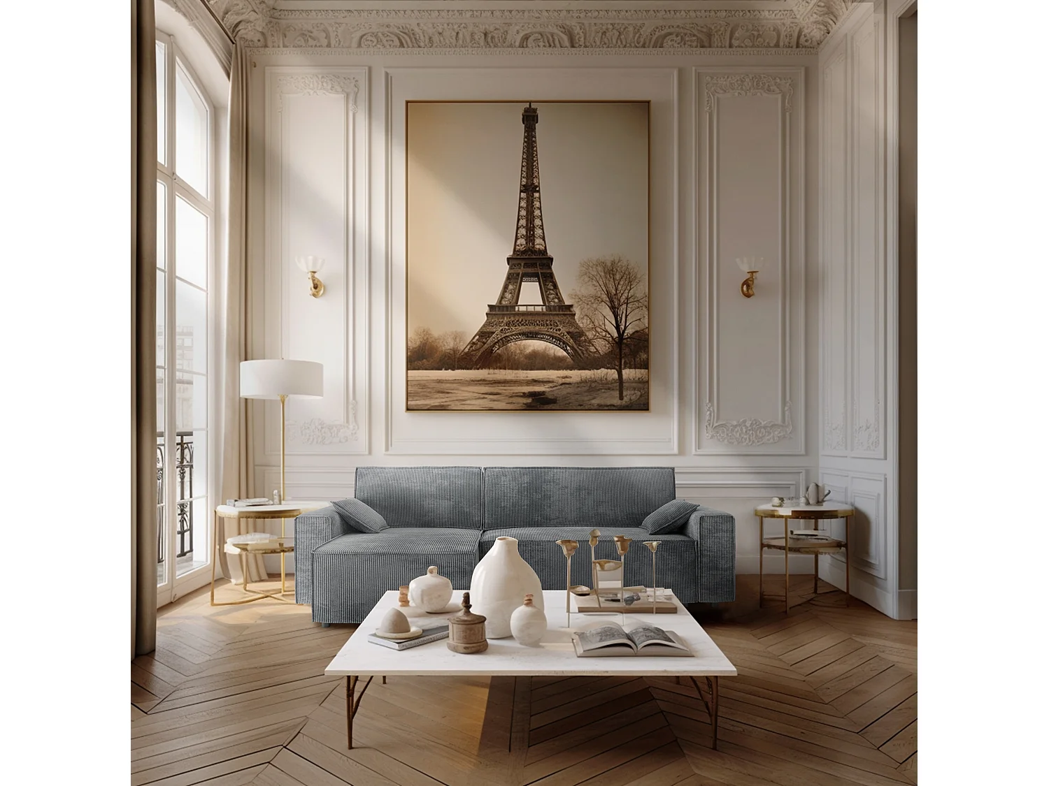 Canapé d'angle réversible convertible 4 places en velours côtelé gris souris DURIF