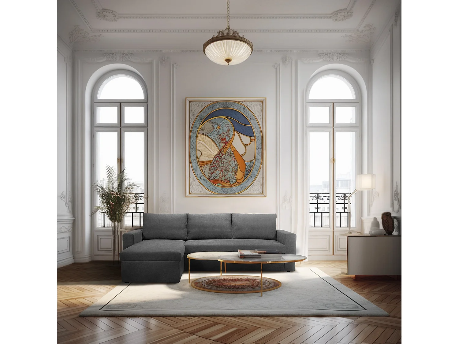 Canapé d'angle réversible convertible 4 places en tissu gris anthracite ALEDO - MADE IN FRANCE