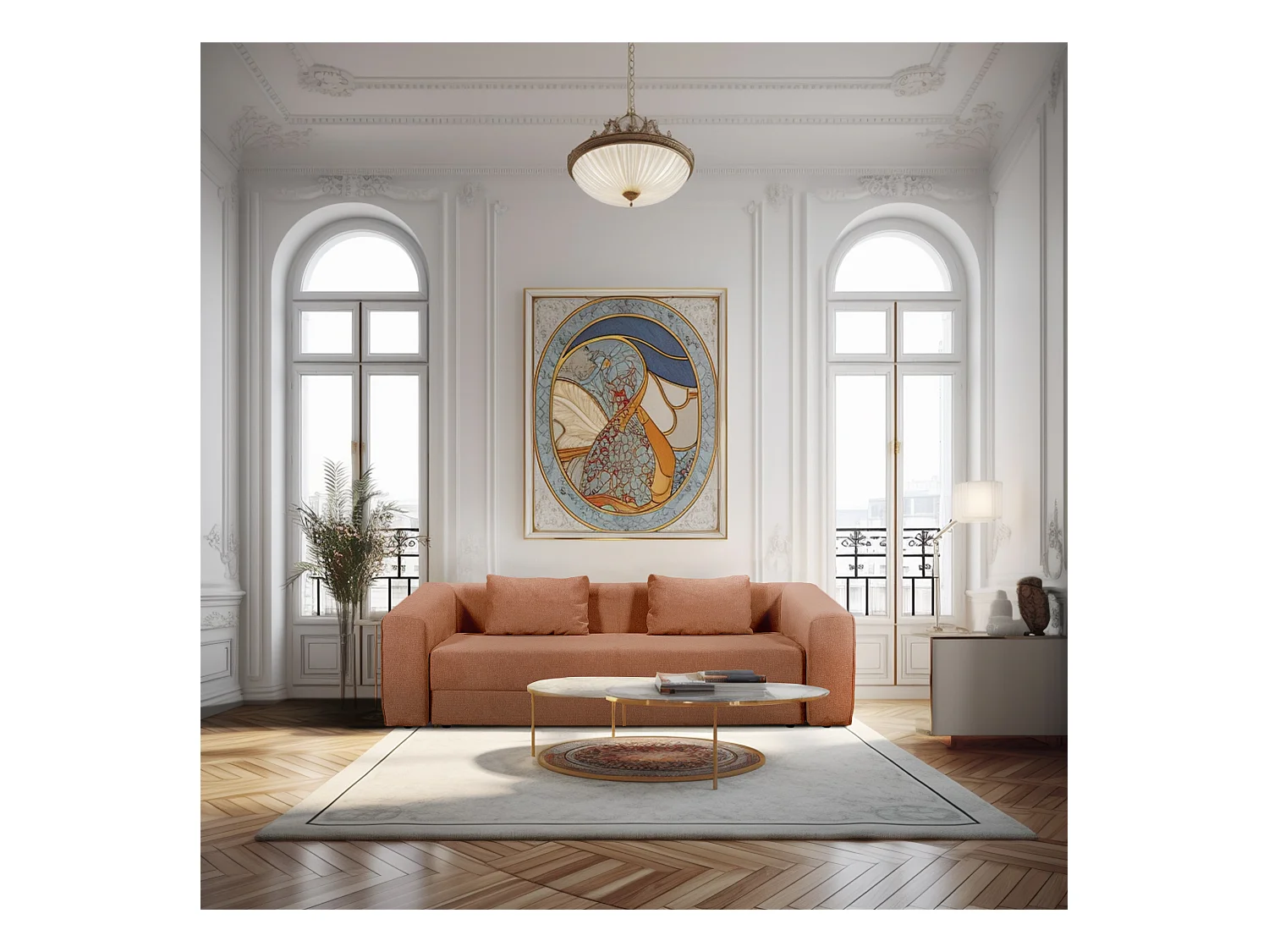 Canapé droit convertible 3 places en tissu terracotta MUSCAT - MADE IN FRANCE