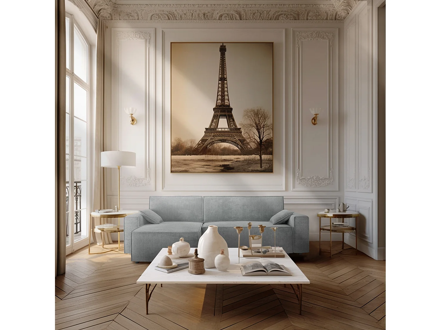 Canapé d'angle réversible convertible 4 places en velours côtelé gris DURIF - MADE IN FRANCE