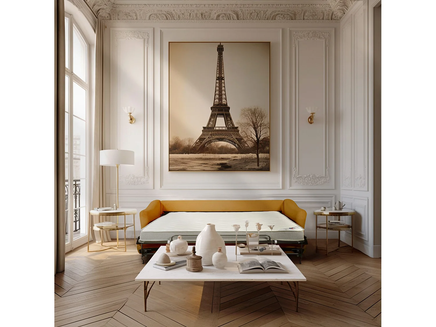 Canapé droit convertible Rapido® 3 places en velours côtelé jaune CHARDONNAY - MADE IN FRANCE