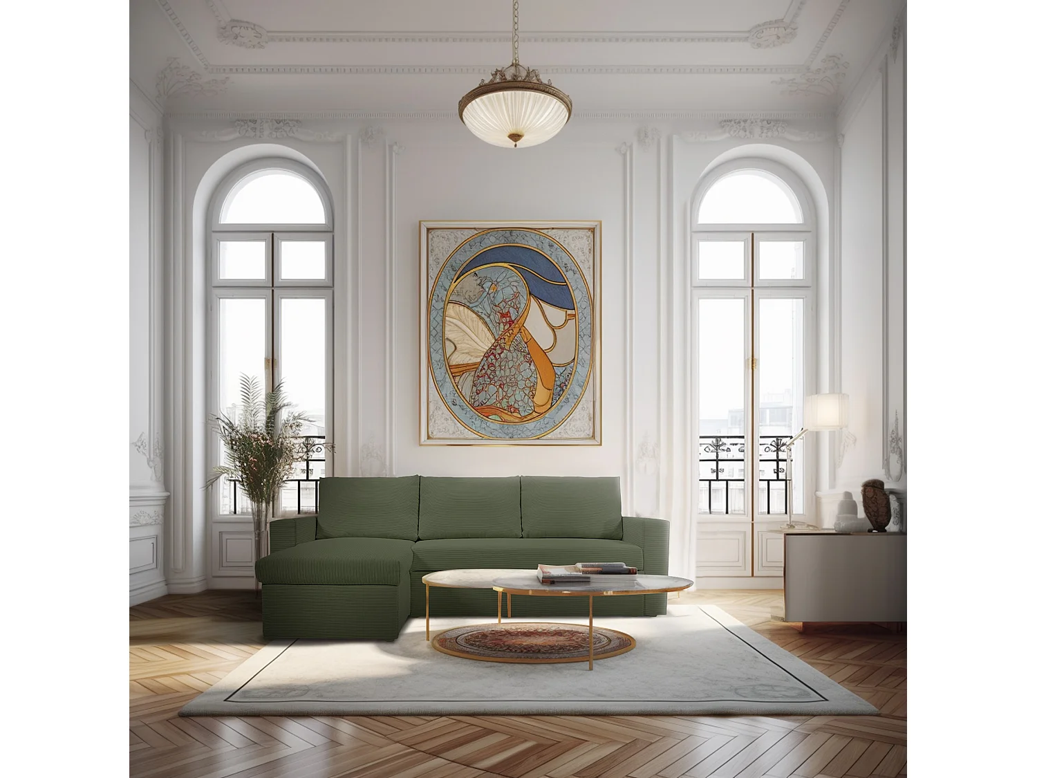 Canapé d'angle réversible convertible 4 places en velours côtelé vert kaki ALEDO - MADE IN FRANCE