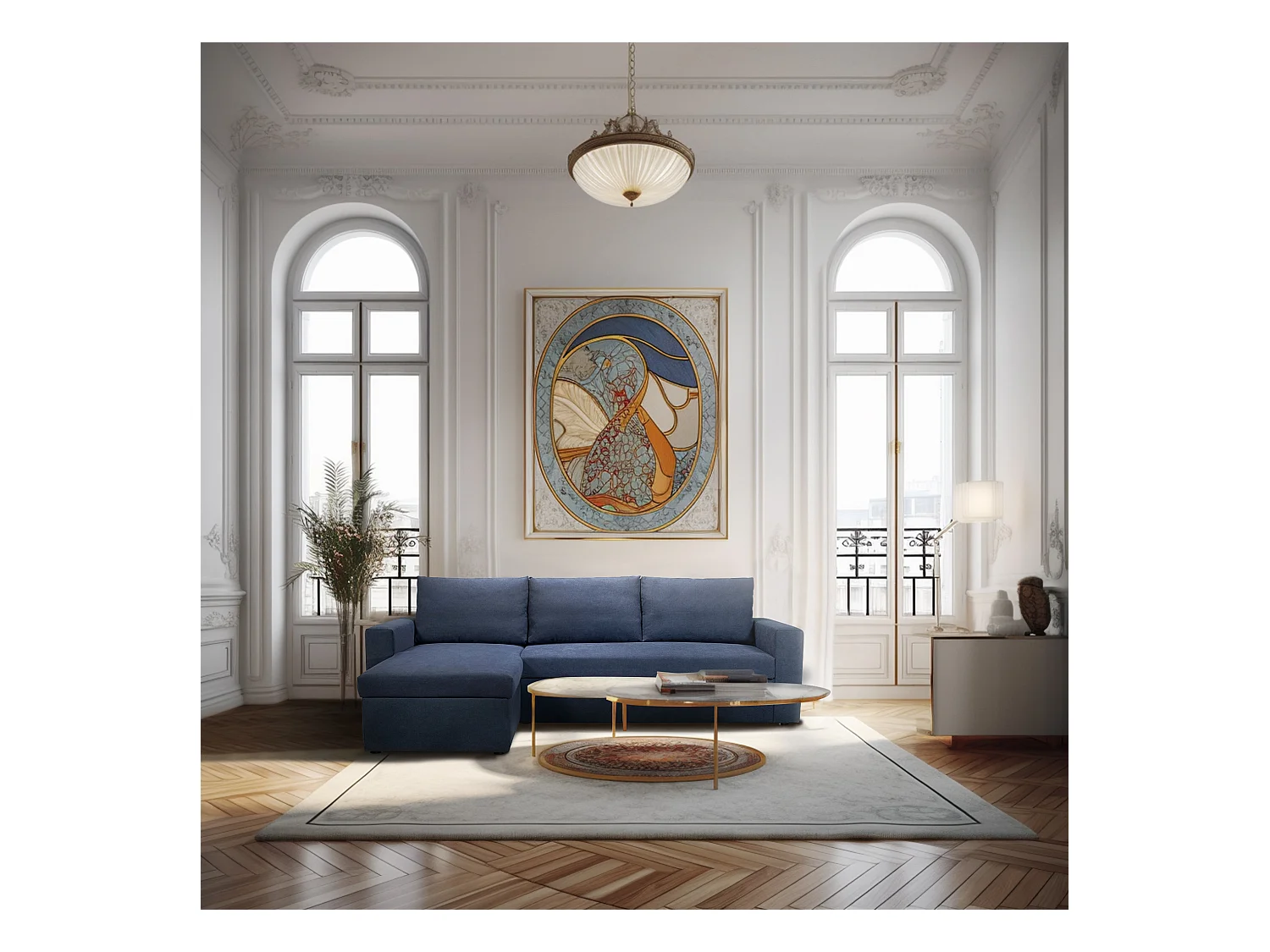 Canapé d'angle réversible convertible 4 places en tissu bleu ALEDO - MADE IN FRANCE