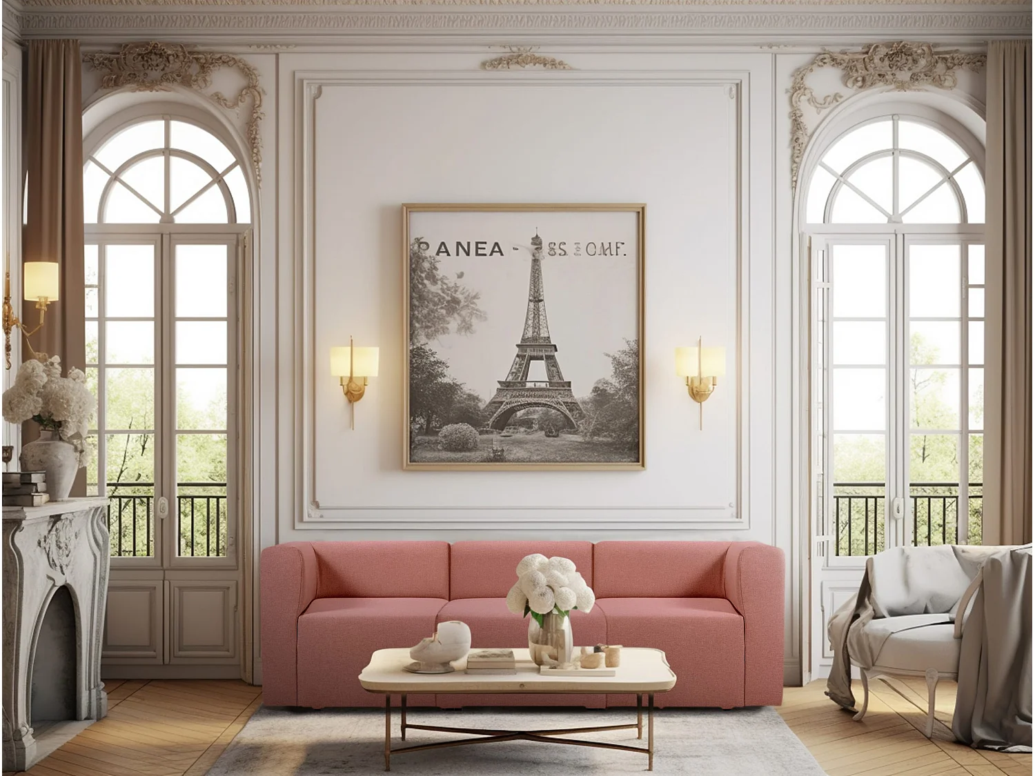 Canapé droit modulable 4 places en tissu rose PINOT - MADE IN FRANCE