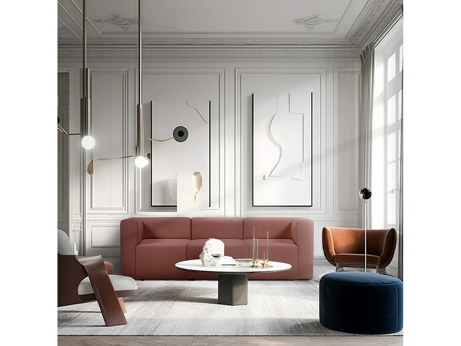 Canapé droit modulable 4 places en tissu rose PINOT - MADE IN FRANCE