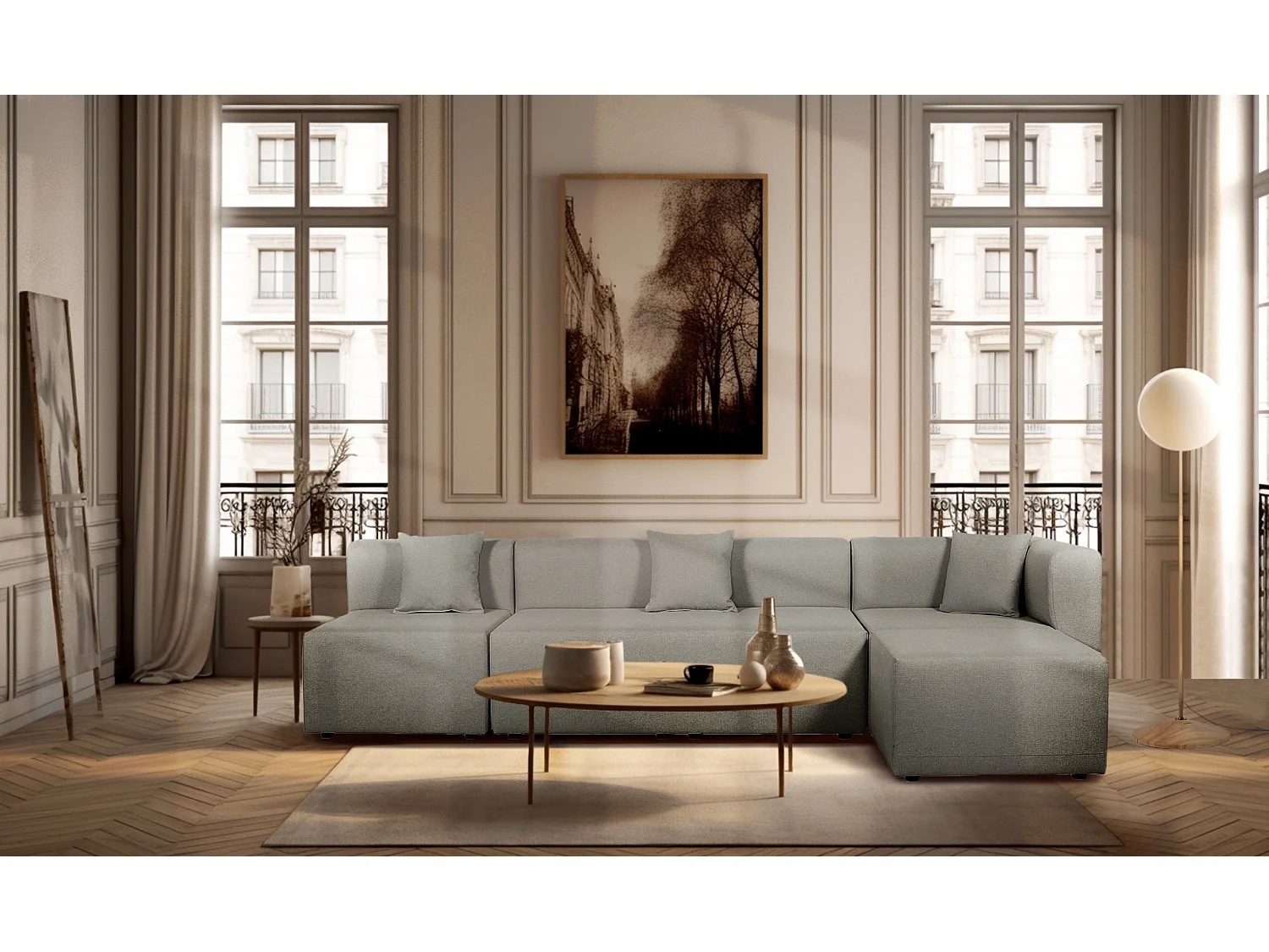 Canapé d'angle modulable 5 places en tissu gris clair PINOT - MADE IN FRANCE