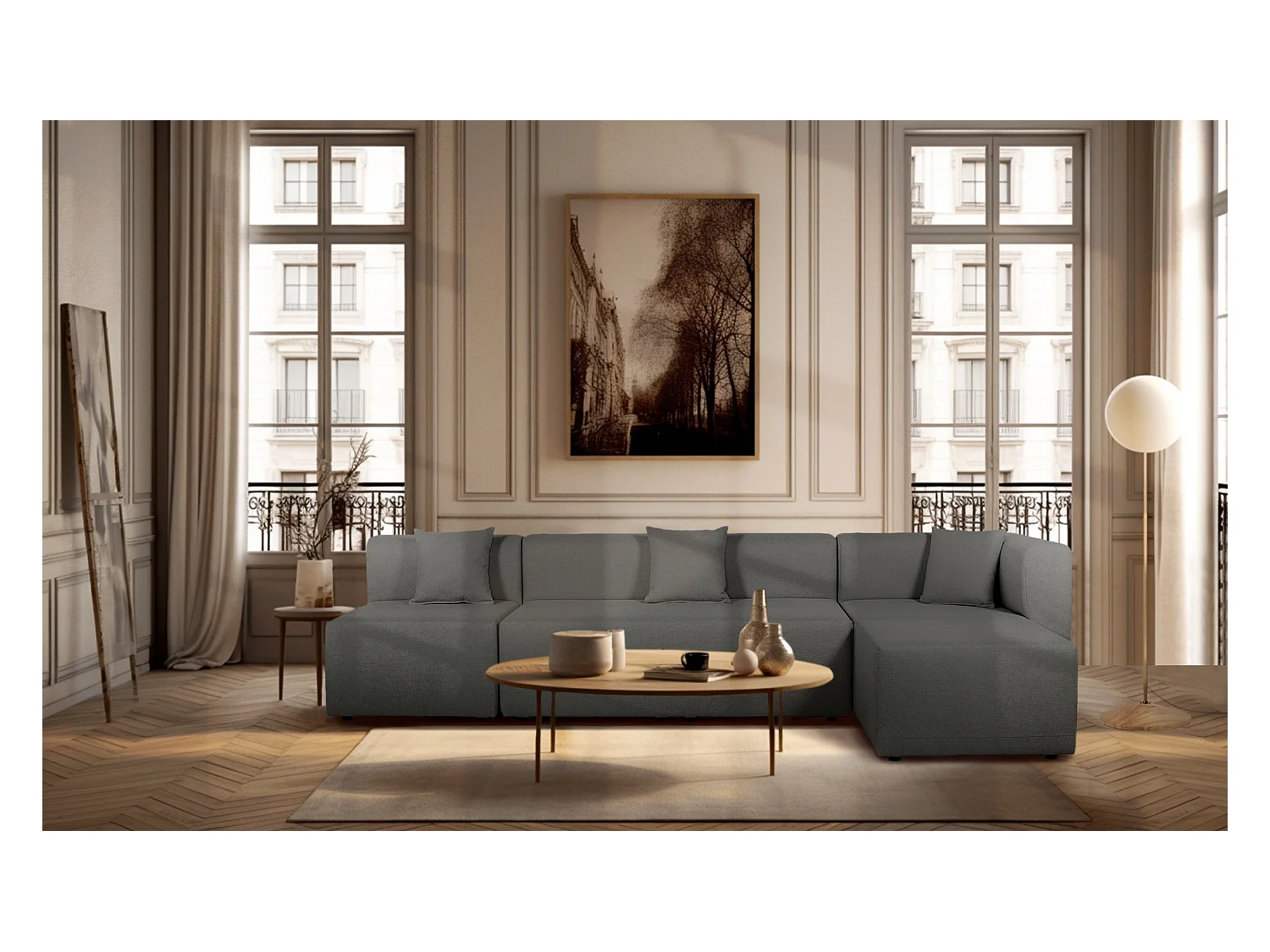 Canapé d'angle modulable 5 places en tissu gris foncé PINOT - MADE IN FRANCE