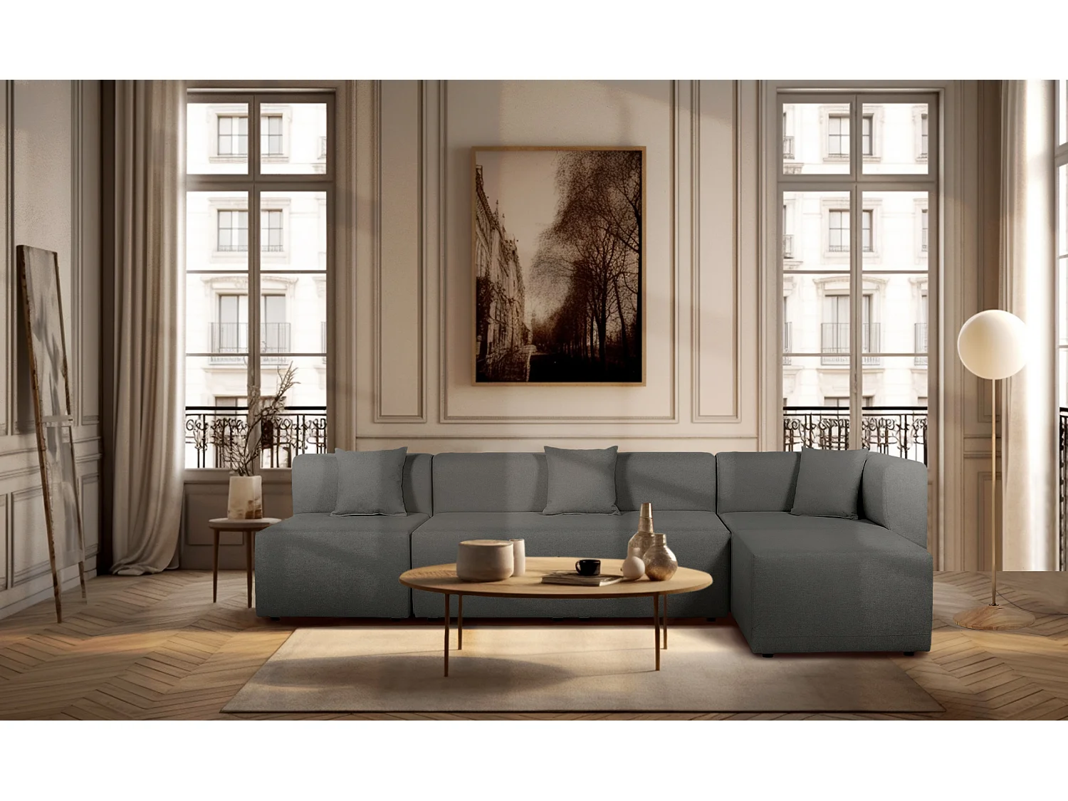 Canapé d'angle modulable 5 places en tissu gris foncé PINOT - MADE IN FRANCE