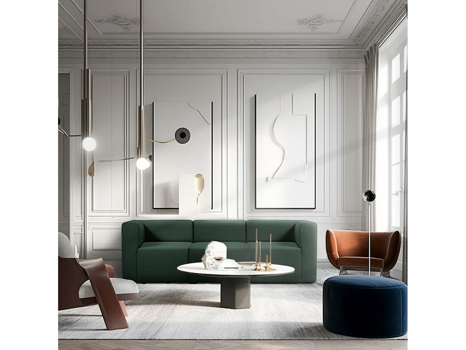 Canapé droit modulable 4 places en tissu vert PINOT - MADE IN FRANCE