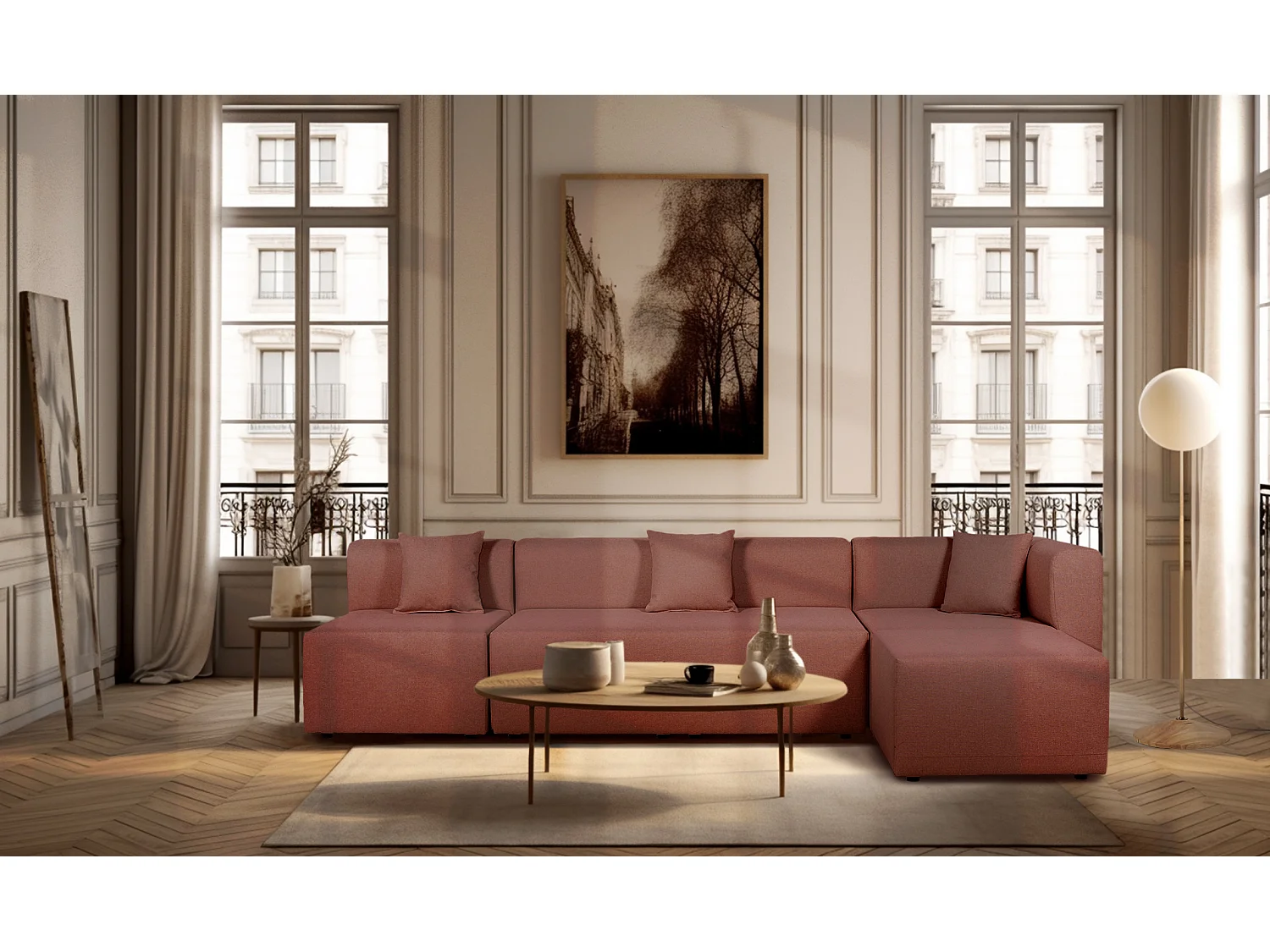 Canapé d'angle modulable 5 places en tissu rose PINOT - MADE IN FRANCE