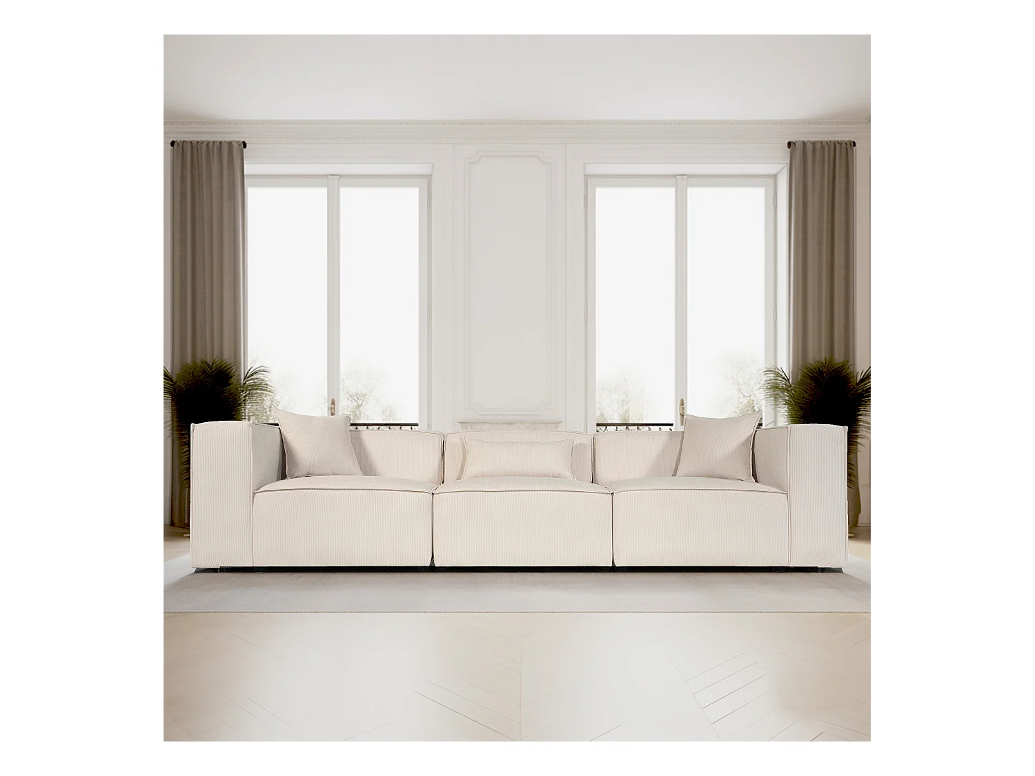 Canapé droit modulable 4 places en velours côtelé beige LIVAL - MADE IN FRANCE