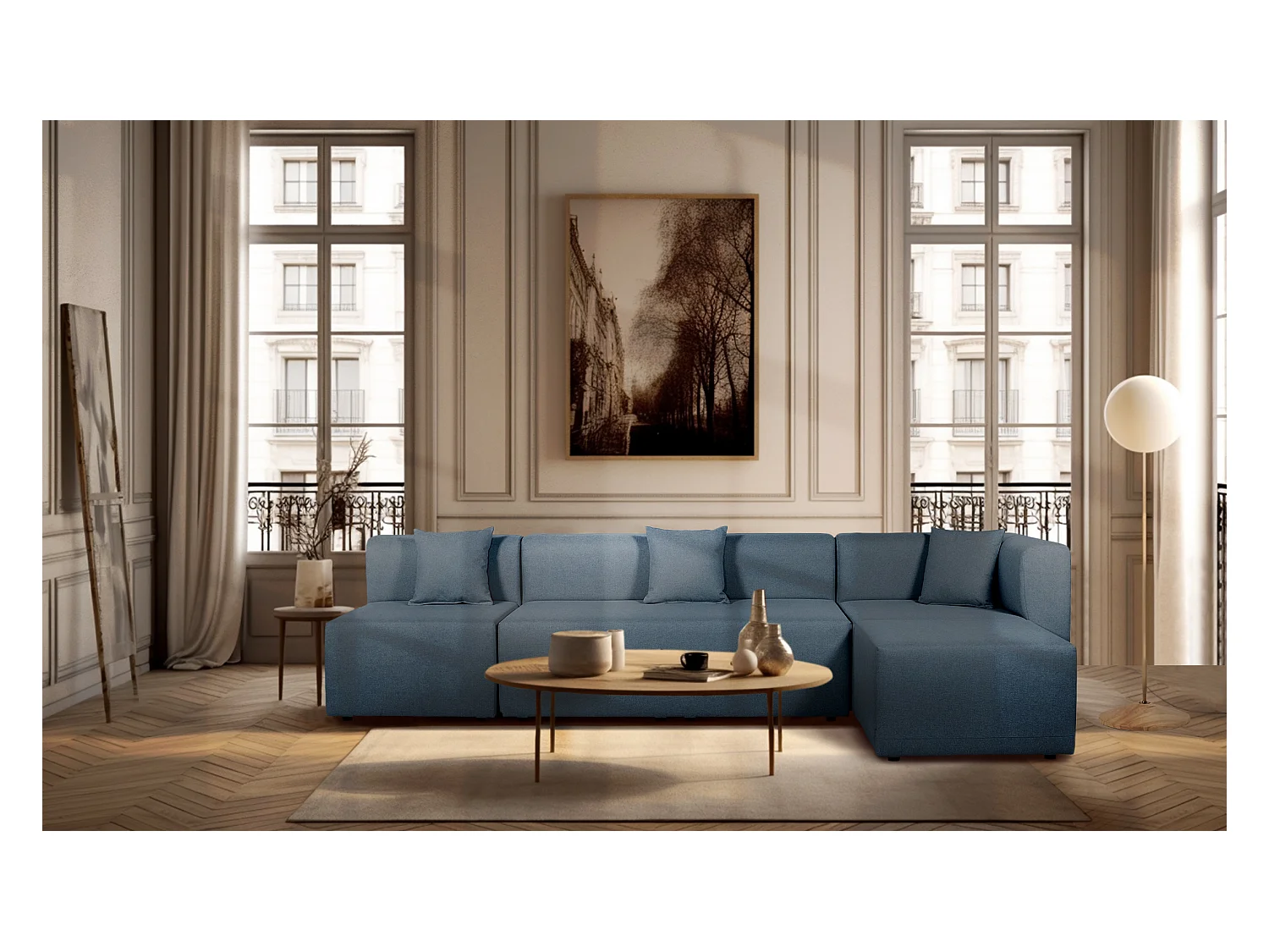 Canapé d'angle modulable 5 places en tissu bleu PINOT - MADE IN FRANCE