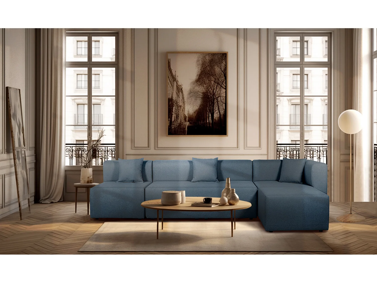 Canapé d'angle modulable 5 places en tissu bleu PINOT - MADE IN FRANCE