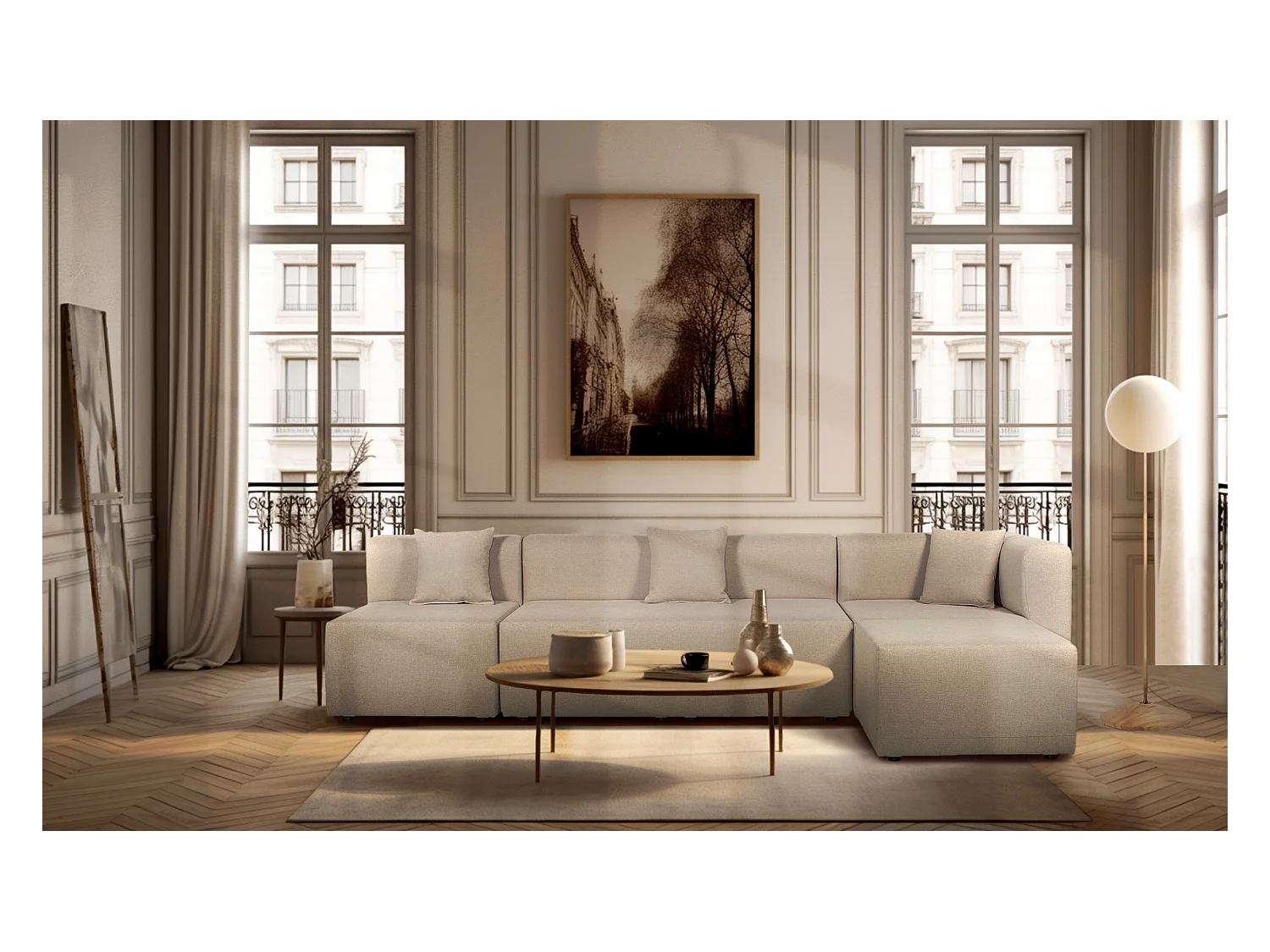Canapé d'angle modulable 5 places en tissu beige PINOT - MADE IN FRANCE