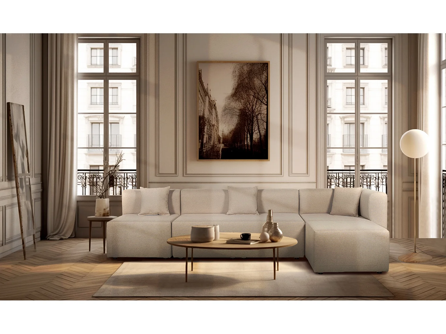 Canapé d'angle modulable 5 places en tissu beige PINOT - MADE IN FRANCE