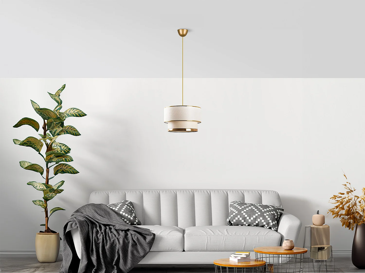 Suspension en métal - D.30 x H. 65 cm - Doré et beige - RAYONA