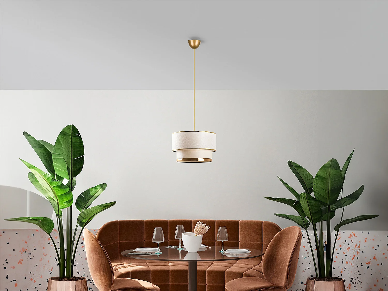 Suspension en métal - D.30 x H. 65 cm - Doré et beige - RAYONA